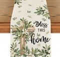 Cross Olive Leaves Spring Table Runner,Seasonal Summer Easter Kitchen Dining Table Decoration for Home Party Decor 13x72 Inch