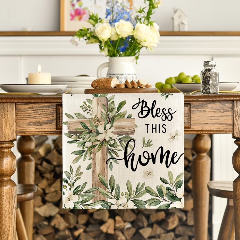 Cross Olive Leaves Spring Table Runner,Seasonal Summer Easter Kitchen Dining Table Decoration for Home Party Decor 13x72 Inch