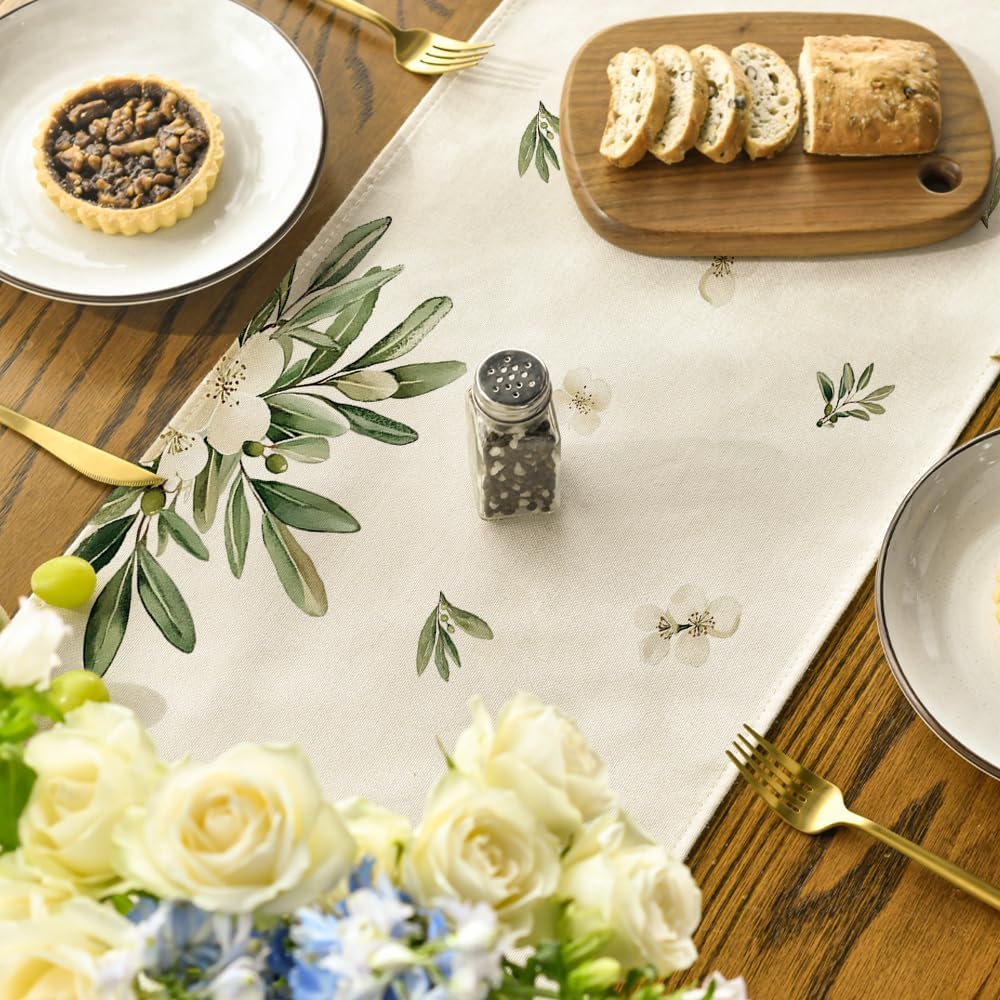 Cross Olive Leaves Spring Table Runner,Seasonal Summer Easter Kitchen Dining Table Decoration for Home Party Decor 13x72 Inch