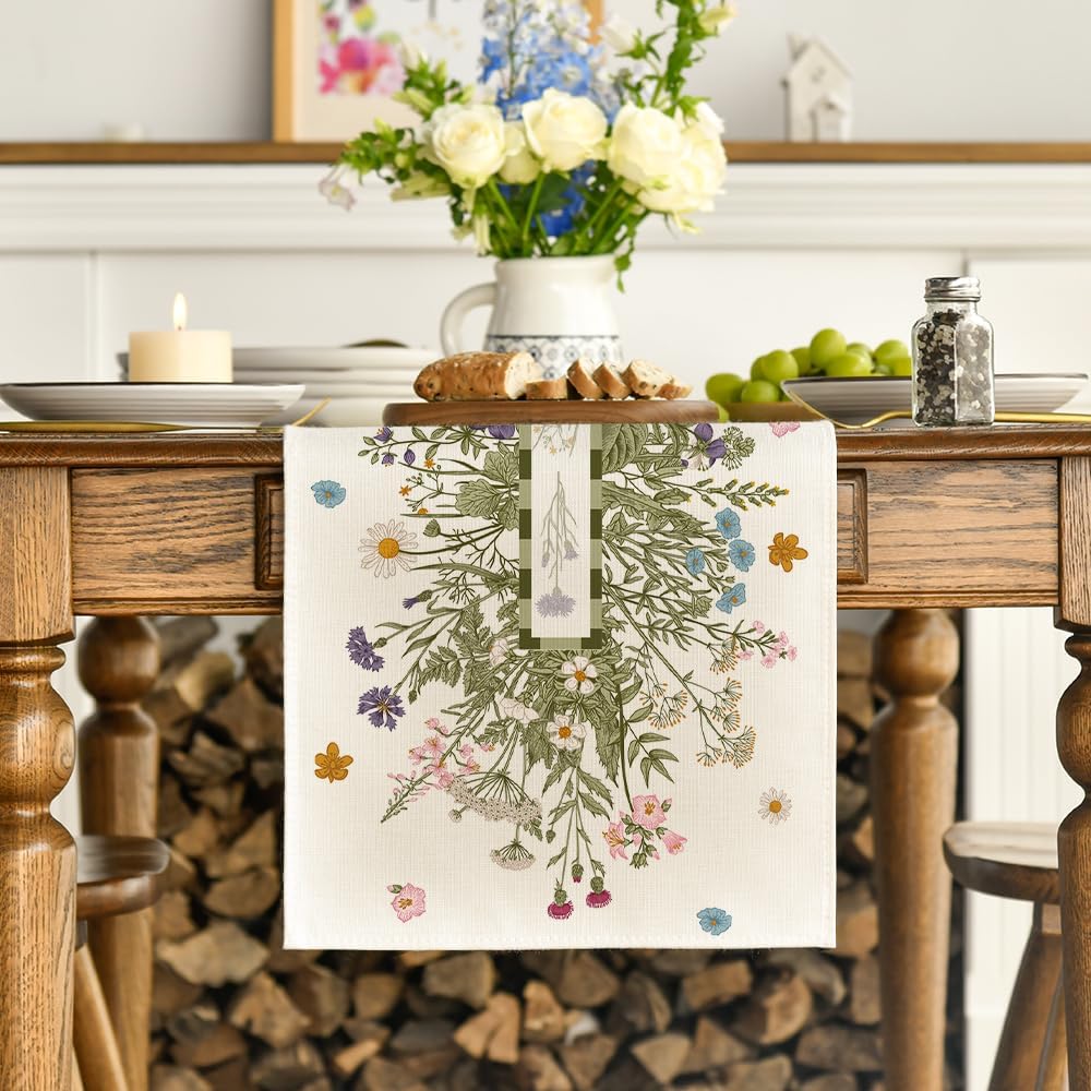 Vintage Wildflowers Daisy Spring Table Runner,Seasonal Summer Floral Kitchen Dining Table Decoration for Home Party Decor 13x72 Inch