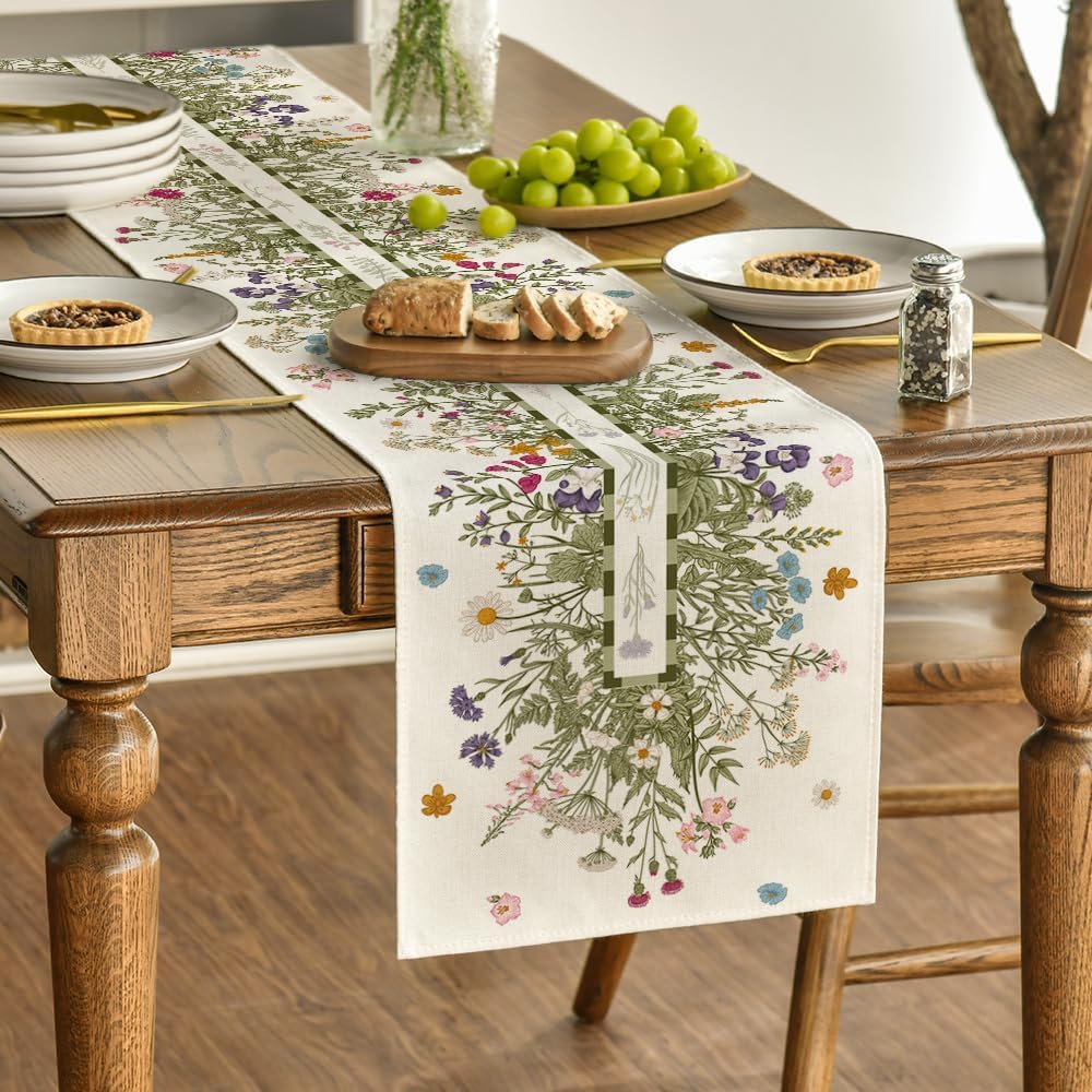 Vintage Wildflowers Daisy Spring Table Runner,Seasonal Summer Floral Kitchen Dining Table Decoration for Home Party Decor 13x72 Inch