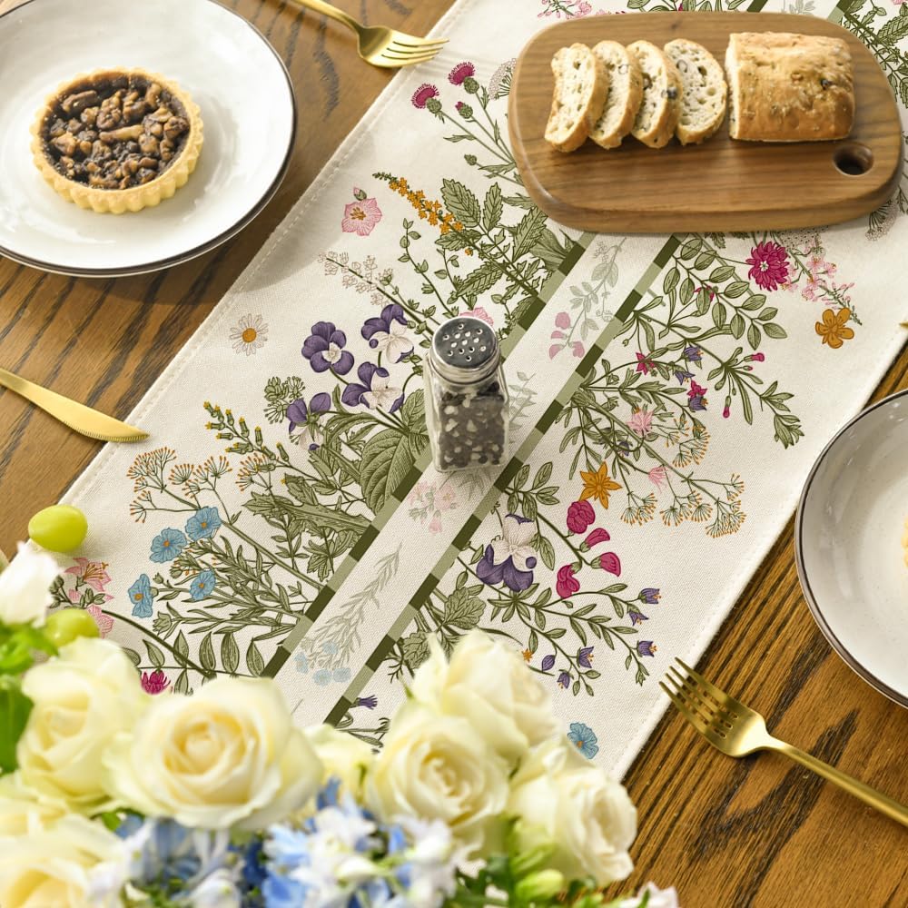 Vintage Wildflowers Daisy Spring Table Runner,Seasonal Summer Floral Kitchen Dining Table Decoration for Home Party Decor 13x72 Inch