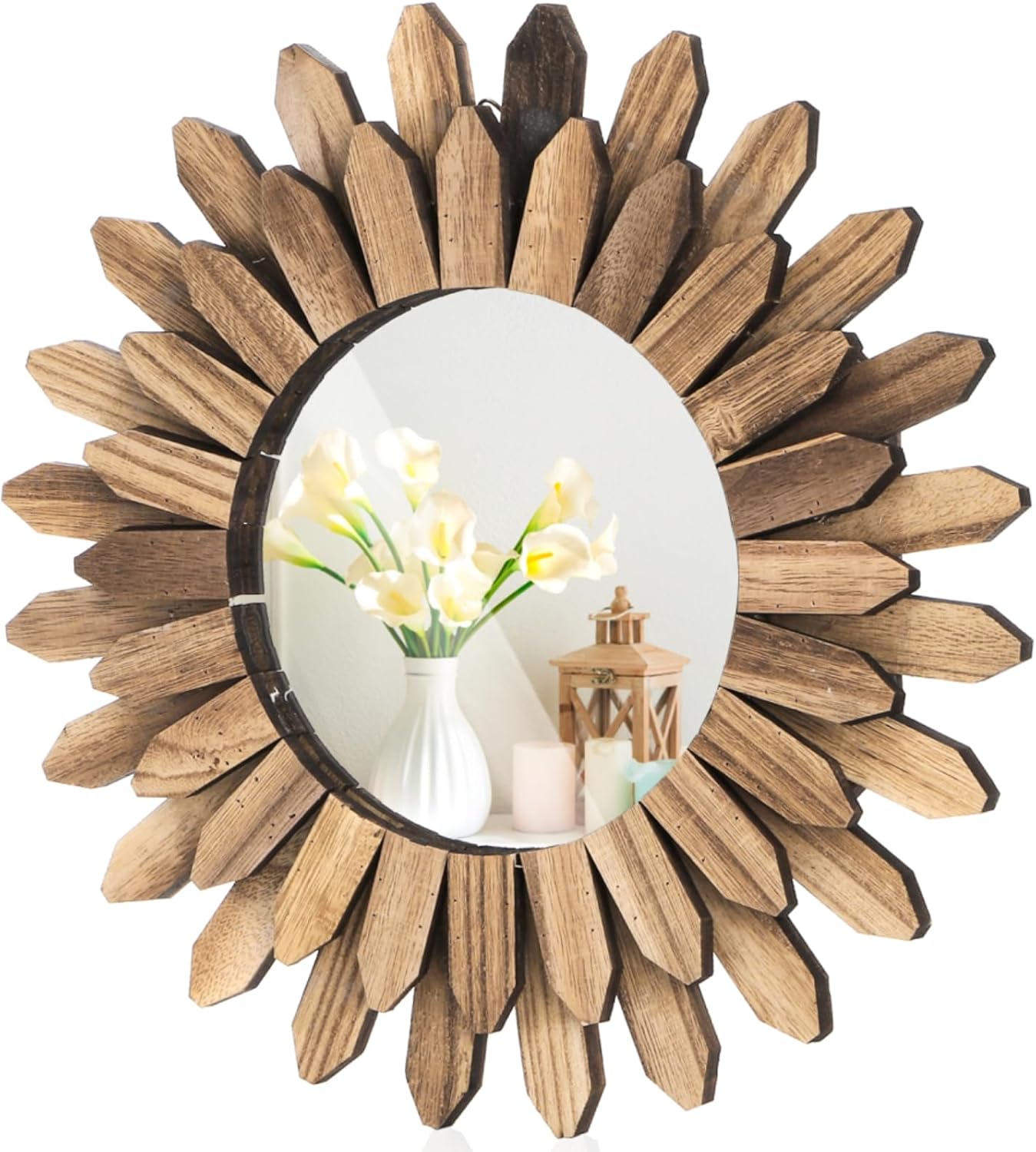 Wall Mirror Decorative, 12 inch Small Rustic Wood Boho Mirrors, Clear Sunburst Mirrors for Home Farmhouse Bedroom Entryway Decor House Warming Gifts New Home, No Distortion