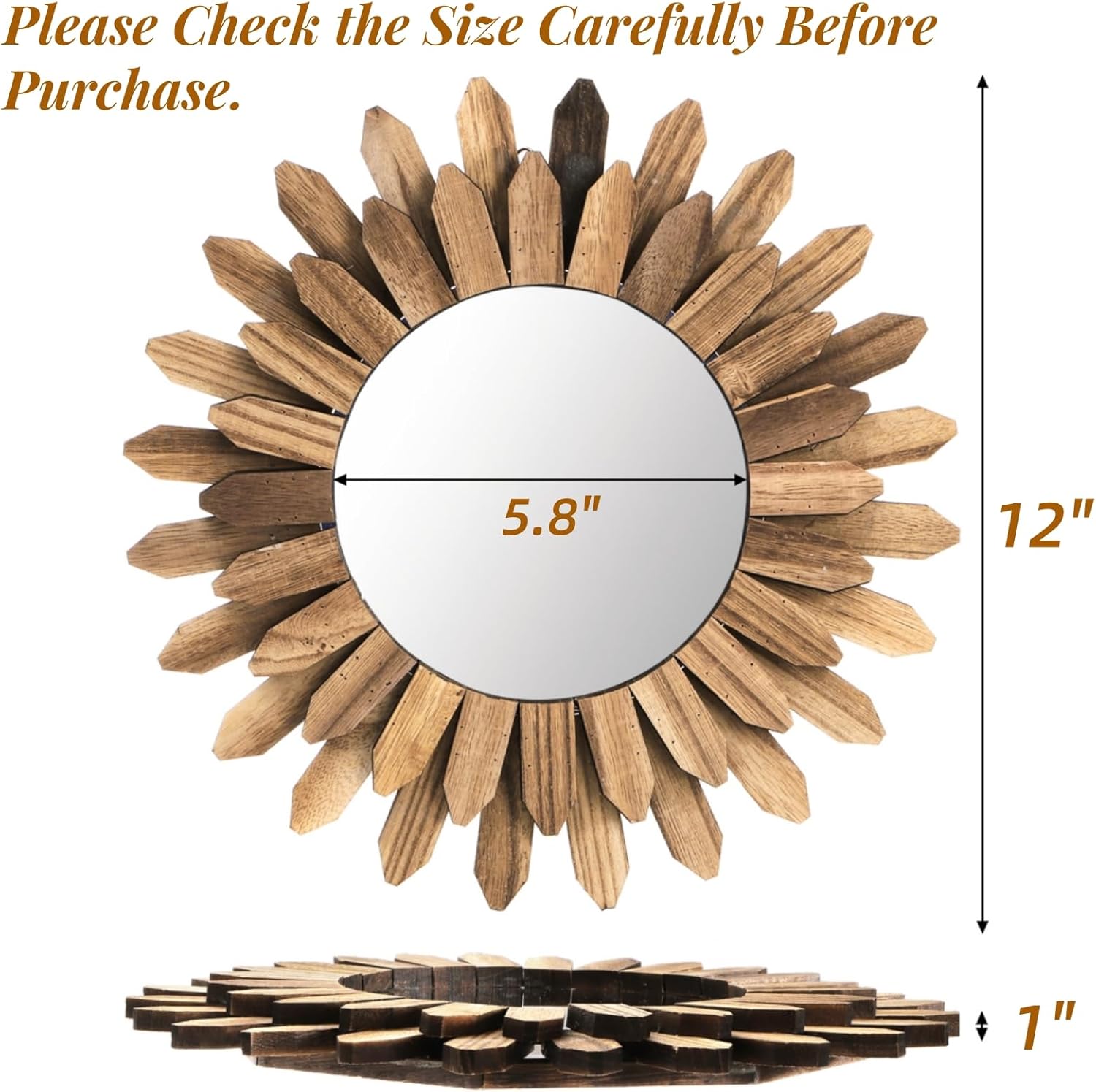 Wall Mirror Decorative, 12 inch Small Rustic Wood Boho Mirrors, Clear Sunburst Mirrors for Home Farmhouse Bedroom Entryway Decor House Warming Gifts New Home, No Distortion