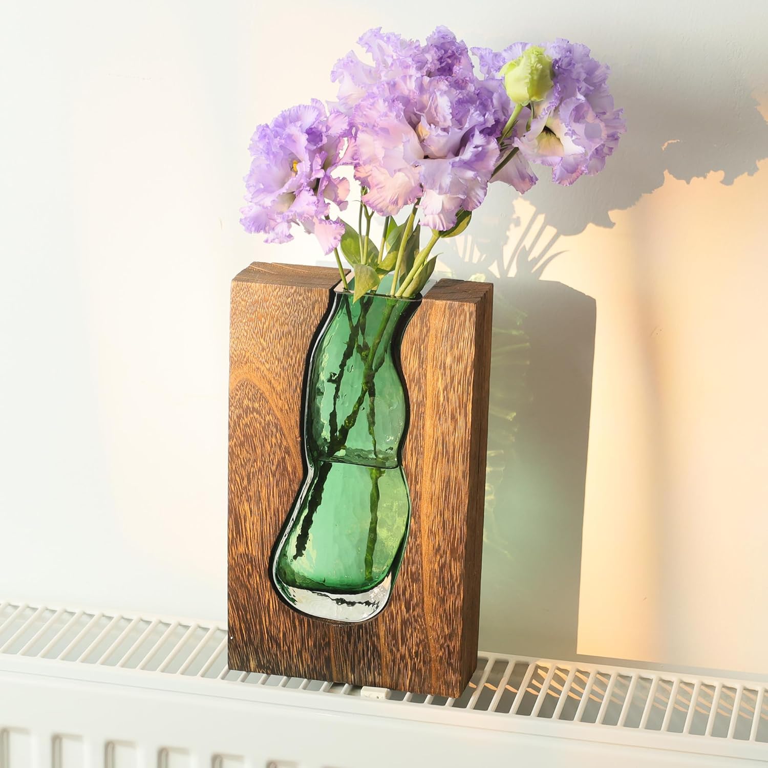 Vase with inlaid wood and glass - Rustic style wood and glass vase - Solid wood and glass vase - Vase for home decor - Table decoration (9.45 inches)
