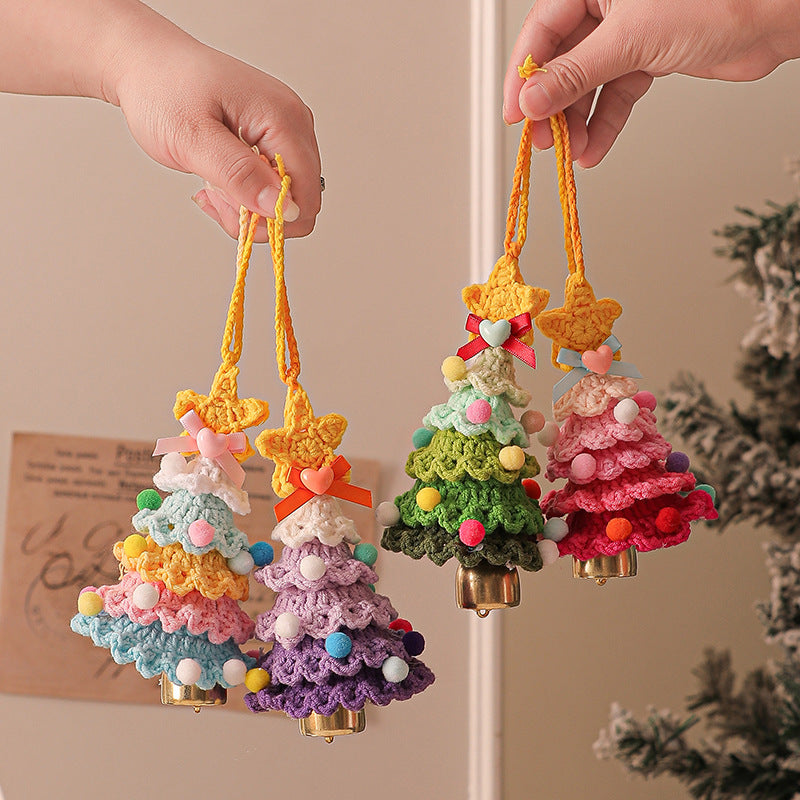 2 Pcs Handmade Crochet Christmas Tree Ornament - Plush Knitted Decoration with Bell - Ideal for Home, Car & Holiday Decor(Style C)