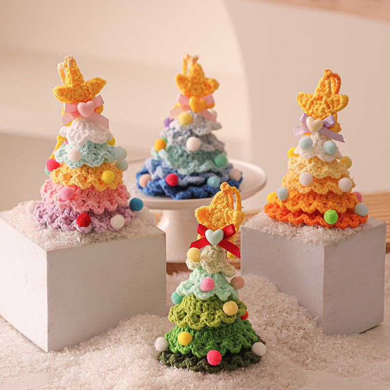 2 Pcs Handmade Crochet Christmas Tree Ornament - Plush Knitted Decoration with Bell - Ideal for Home, Car & Holiday Decor(Style D)