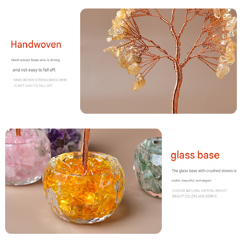 Yellow Natural Crystal Tree Ornament – Handmade Miniature Decorative Tree with Glass Base for Home, Office & Gift