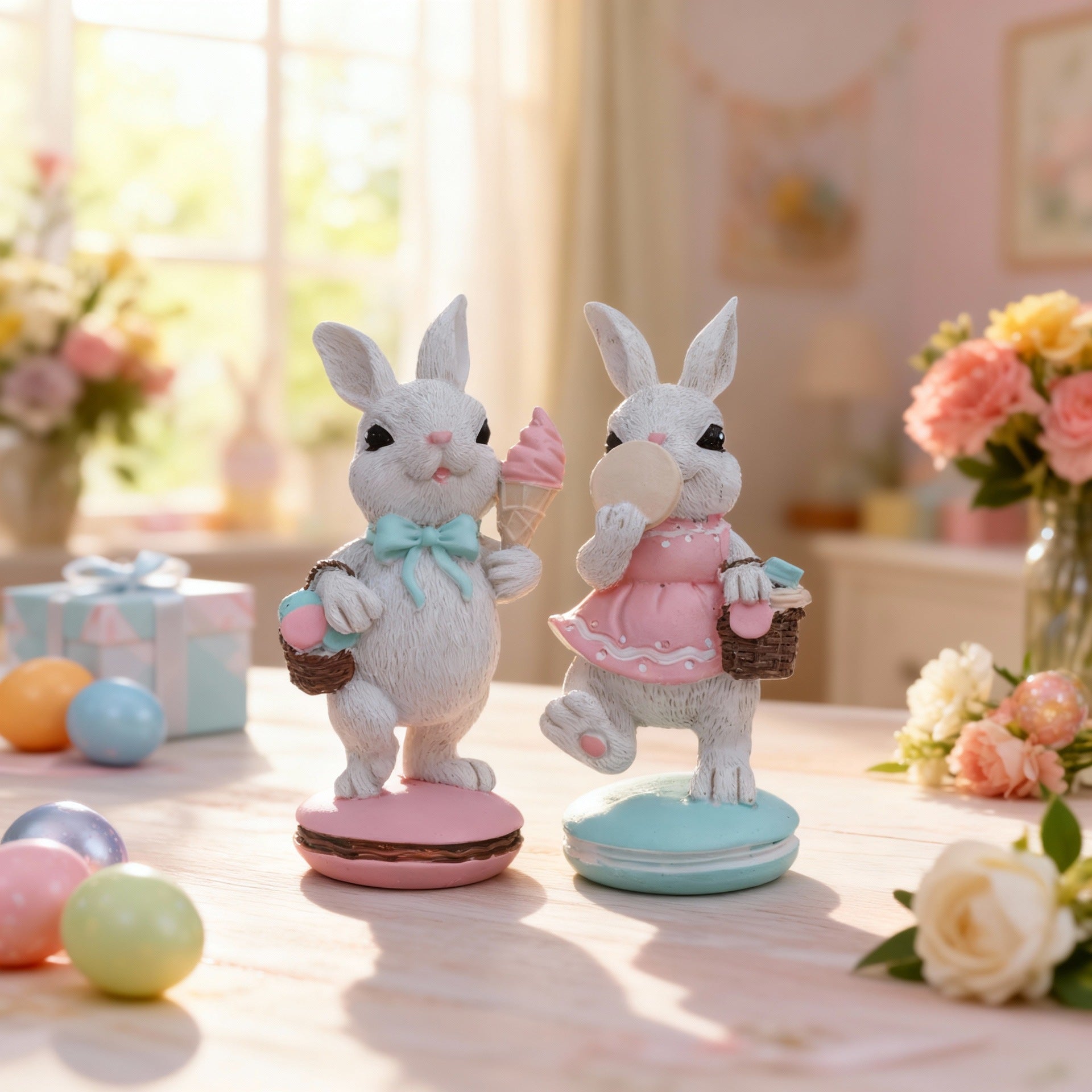 White Cute Resin Bunny Figurines Set of 2 in Pastel Colors for Home Office Desk or Shelf Decoration
