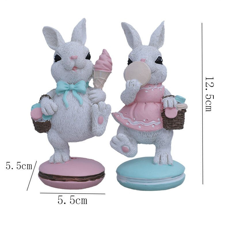 White Cute Resin Bunny Figurines Set of 2 in Pastel Colors for Home Office Desk or Shelf Decoration